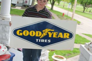 Large Vintage C.  1960 Goodyear Tires Tire Gas Oil 2 Sided 38 " Metal Sign