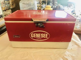 Rare Vintage Metal Coleman Cooler Ice Chest Advertising Genesee Beer Red White
