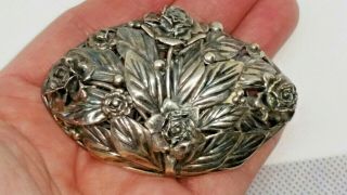 signed HOBE Large Sterling Silver DOME ROSES Pin Brooch,  29 grams 6