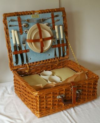 Coracle Vintage 1940s Wicker Picnic Basket,  Fully Equipped