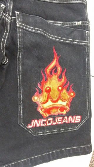 Jnco Black Shorts 29w Red Fire Crown Vintage 90s Skater Punk Raver Urban Goth