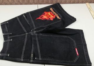 Jnco Black Shorts 29W Red Fire Crown Vintage 90s skater punk raver urban goth 5