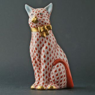 Vintage Herend Orange Fishnet Cat W/ Gold Bow,  15319 Porcelain Figurine,  Nr