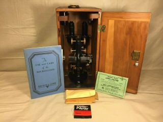 Vintage Bausch & Lomb Binocular Microscope 1929 in Case with Extra 5x 10X Lenses 2