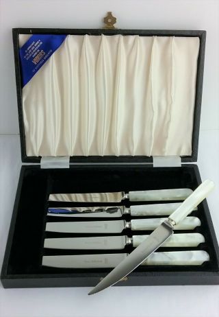 6 Viners Sheffield Sterling Collar Mother Of Pearl Handle Serrated Knife Set