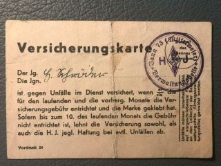 Interesting German Wwii Hj Document " Versicherungskarte Insurence Card "