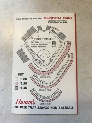 Vintage 1962 Hamm ' s Beer Minnesota Twins MLB Baseball Sports Schedule 2