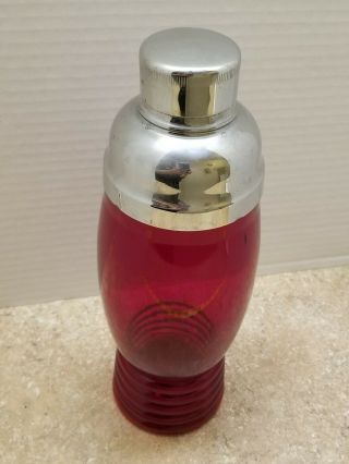 Vintage Imperial Shaeffer Red Ruby Cranberry Glass Ribbed Base Cocktail Shaker