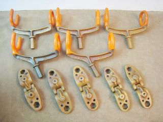 Vintage 5 Hillco / Lininger Fishing Rod Holders Solid Brass Set Boat Rail Clamps