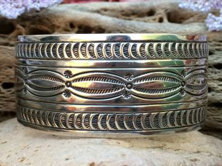 Wide Vintage Native American Navajo Stamped Sterling Silver Cuff Bracelet Wow