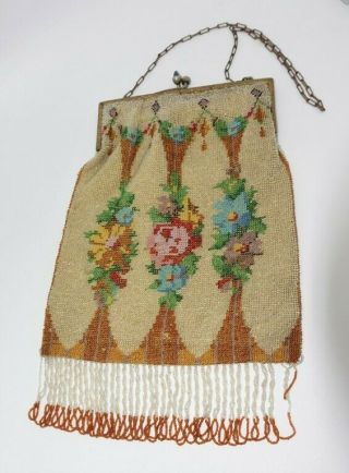 Edwardian Art Deco Antique Fine Micro Glass Beaded Floral Purse Victorian German