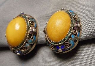 Old Chinese Silver Enameled Filigree & Butterscotch Amber Cabochon Clip Earrings