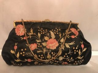 Antique Therese French Shop Black Silk Forbidden Stitch Floral Embroidery Purse