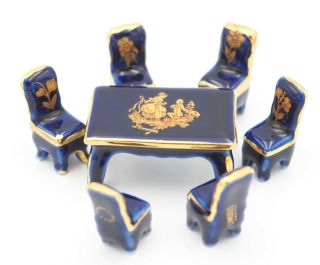 Vintage Limoges France Porcelain Cobalt Blue Gold Miniature Table And Chairs
