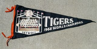 Vintage 1968 Detroit Tigers Team Photo World Series Baseball Pennant Flag Blue