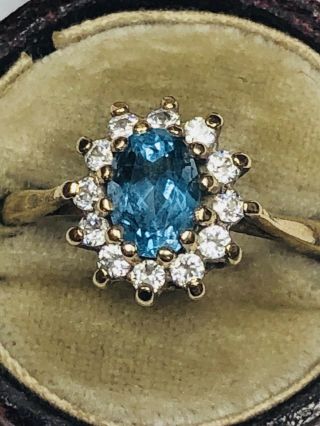 Vintage 9ct Gold Blue And White Stone Flower Cluster Ring