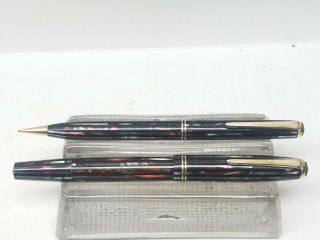 Vintage Parker Duofold Fountain Pen & Pencil Set,  In Striped Red & Gold Pearl