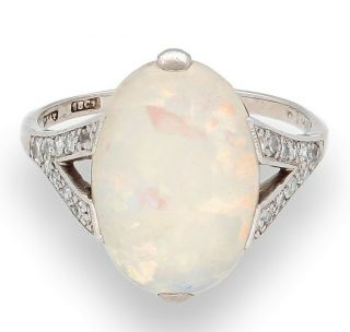 Vintage 18carat White Gold & Platinum Opal Solitaire W/ Diamonds Ring (size M)