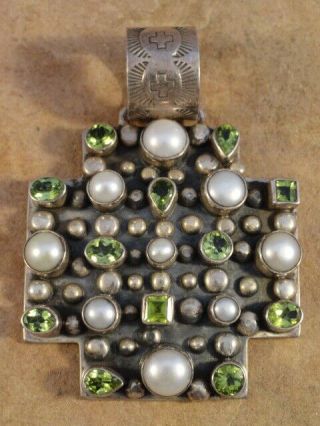 Vintage Navajo Sterling Silver Pearl & Peridot Santa Fe Cross Pendant