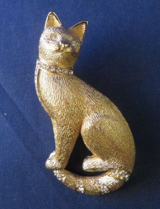 Rare Vintage Christian Dior Crystal Gold Tone Cat Brooch Pin