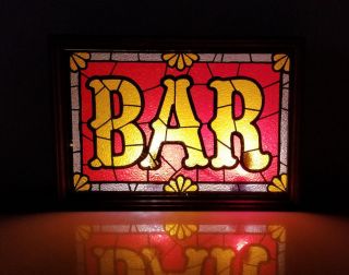 Vintage Bar Sign Lighted Faux Stain Glass Beer Bar Man Cave