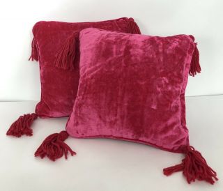 2 Mid Century Fuchsia Pink Velvet Tassel Throw Pillows Vintage Pair