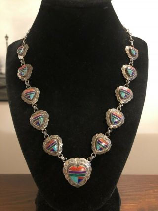 Vintage Native Am / Southwestern Sterling Silver Multi Stone Heart Necklace 925