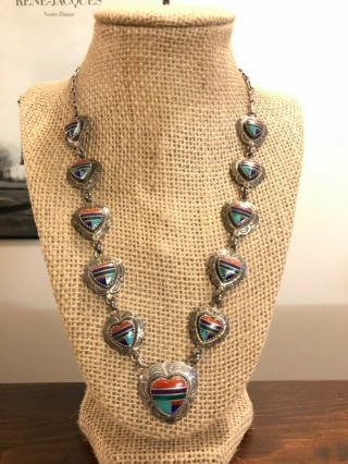 Vintage Native Am / Southwestern Sterling Silver Multi Stone Heart Necklace 925 2