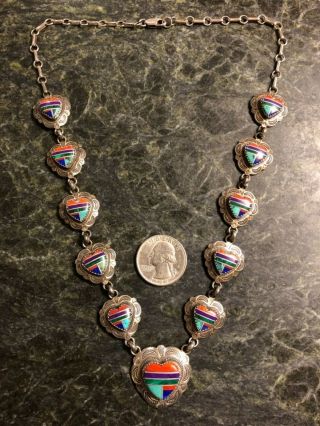 Vintage Native Am / Southwestern Sterling Silver Multi Stone Heart Necklace 925 3