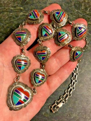 Vintage Native Am / Southwestern Sterling Silver Multi Stone Heart Necklace 925 5