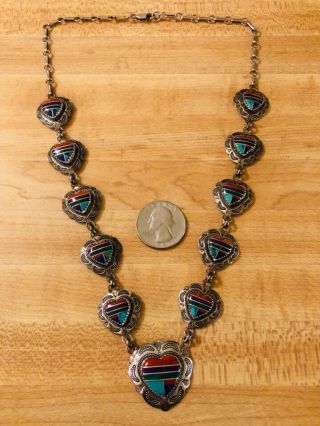 Vintage Native Am / Southwestern Sterling Silver Multi Stone Heart Necklace 925 8