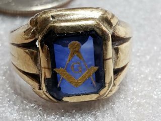 Vtg 10k Yellow Gold Blue Spinel Masonic Compass Ring Way Cool But