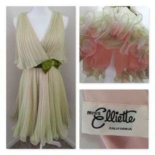 1950 - 60s Vintage Party Dress Pleated Chiffon Miss Elliette Pale Green A - Line Sml