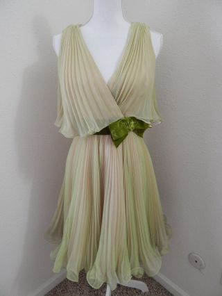 1950 - 60s Vintage Party DRESS Pleated Chiffon Miss Elliette Pale Green A - LINE Sml 7