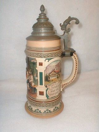 Vintage German 1 Liter Lidded Stein W/colorful Tavern Scene