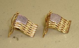 Vintage 14k Yellow & White Gold Mens American Flag Tie Tacs 2.  13 Grams