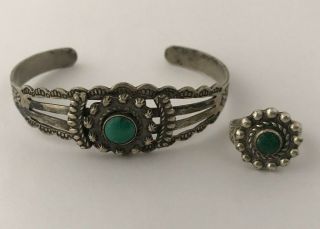 Vintage Old Pawn Harvey Era Turquoise & Sterling Silver Cuff Bracelet & Ring Set