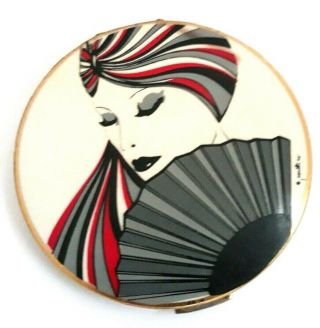 Vintage Art Deco Stratton Powder Compact Featuring A Pretty Lady With Fan.