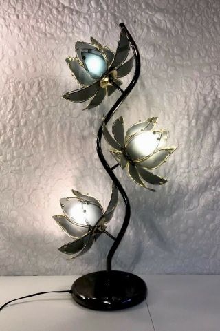 Vintage Mcm Lotus 3 Flower Lamp Smokey Gray Glass Petals With Brass Leaves