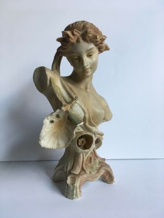 Vtg Antique Amphora Parian Porcelain Bust Art Nouveau Lady Lily Pad Dragonfly