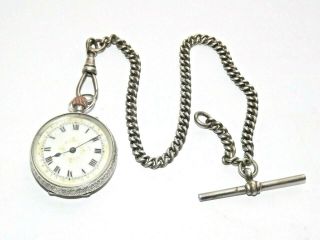 Edwardian Solid Silver Pocket Watch Ladies Swiss 7 Jewel Chain & T - Bar Ldon 1910