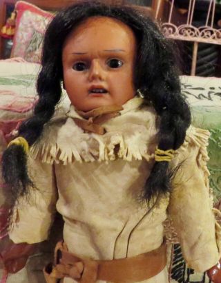 Antique 10 " German Bisque All Am Indian Character Child Doll,  Perfect
