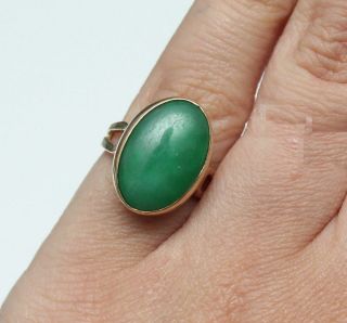 Early 20thc Antique 14kt Yellow Gold Cabochon Green Jade Ring,  Size 5,  Nr