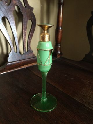 Wonderful Vintage Devilbiss Green Glass Perfume Scent Bottle W/dauber Gold Trim