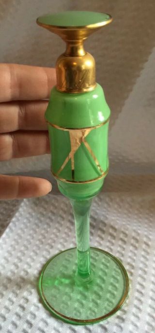 Wonderful Vintage DeVilbiss GREEN Glass Perfume SCENT Bottle W/DAUBER Gold Trim 2