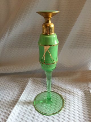 Wonderful Vintage DeVilbiss GREEN Glass Perfume SCENT Bottle W/DAUBER Gold Trim 4