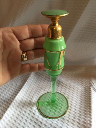 Wonderful Vintage DeVilbiss GREEN Glass Perfume SCENT Bottle W/DAUBER Gold Trim 5