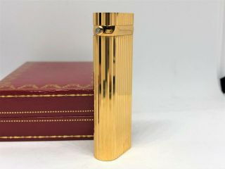 Rare Auth Cartier 1 - Point Diamond K18 Gold - Plated Godron Striped Oval Lighter