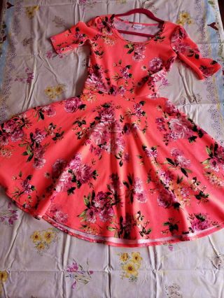 Lularoe Rare Neon Pink Floral Nicole Dress Eeuc Size Small S Roses Vintage