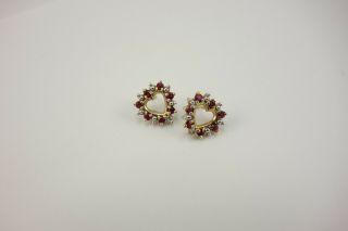 Vintage Pair 10k Yellow Gold Ruby & Diamond Heart Shape Earrings